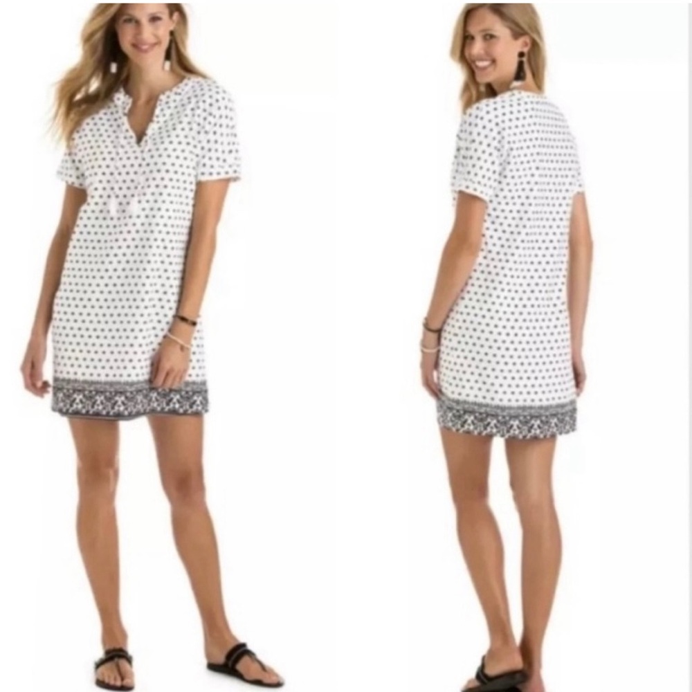 Vineyard Vines Black & White Linen Shift Dress with Tassels